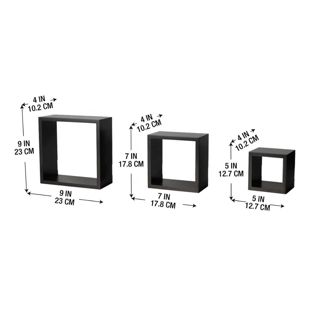 Houselin wooden simple style Black Decorative Wall Square Set 3 Cube Living Room Floating Display Shelf