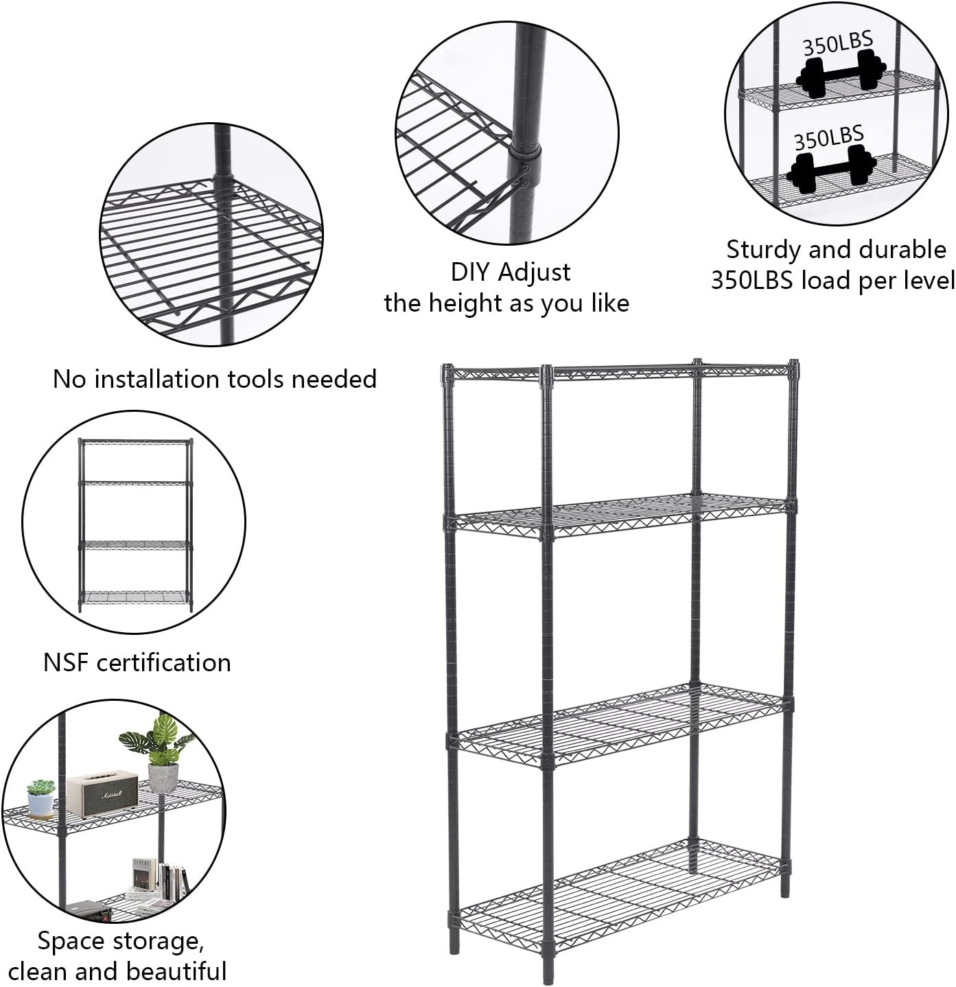 Laundry Kitchen shelf multi layer 4 Tier Height Adjustable Garage Storage Shelves Metal Storage Rack Wire Shelving Unit