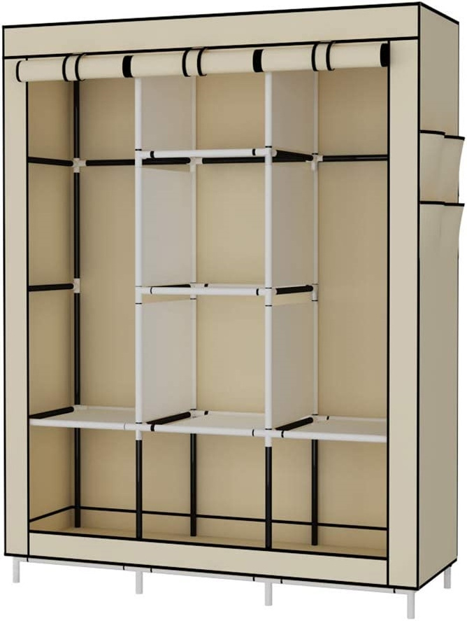 Portable Wardrobe Closet Clothes Organizer Non-Woven Fabric Cover with Storage Shelves Sections and Side Pockets