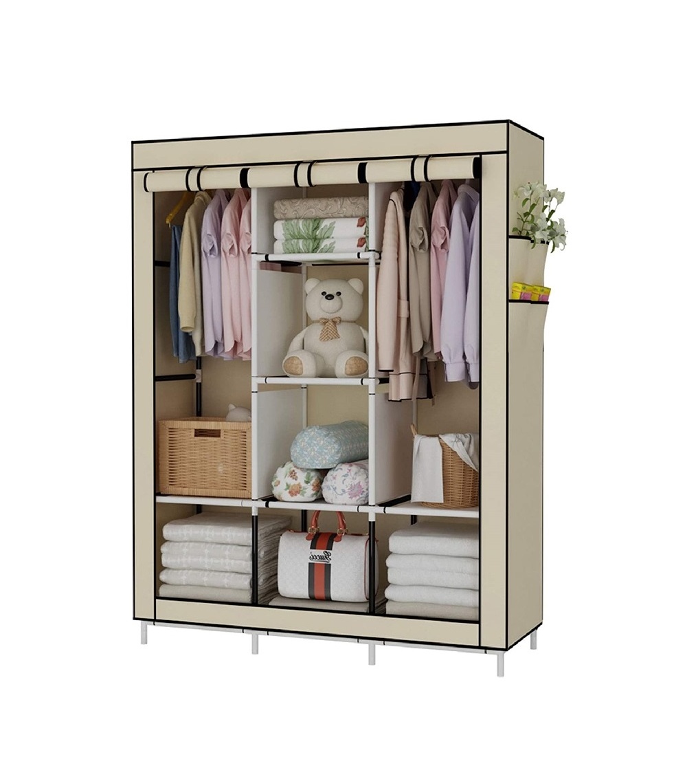 Portable Wardrobe Closet Clothes Organizer Non-Woven Fabric Cover with Storage Shelves Sections and Side Pockets