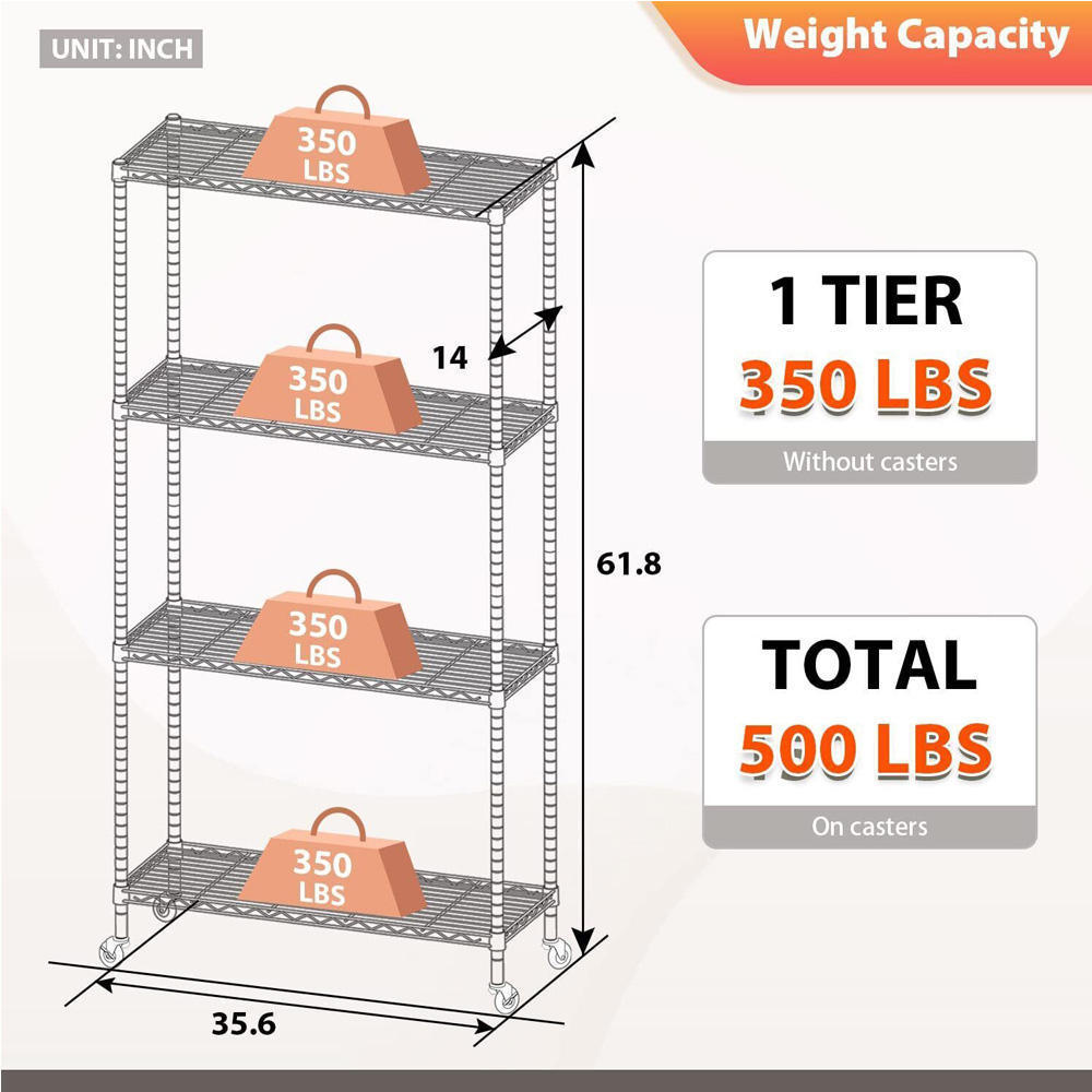 Easy Installation Heavy Duty Metal 4-Shelf Adjustable NSF Wire Shelf Storage Shelves with Wheels