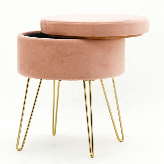 HStex custom furniture folding classic french round pink sofa storage ottoman tray sitting stools foldable stool with gold legs