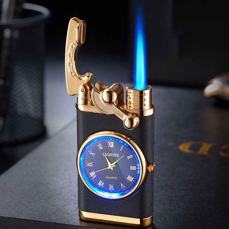 wholesale Custom creative dial rocker arm inflatable lighter metal windproof Blue Flame watch cigarette lighter with gift box