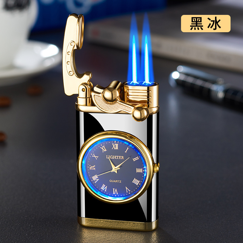 Metal creative rocker arms double fire dazzling light lighter windproof with watch