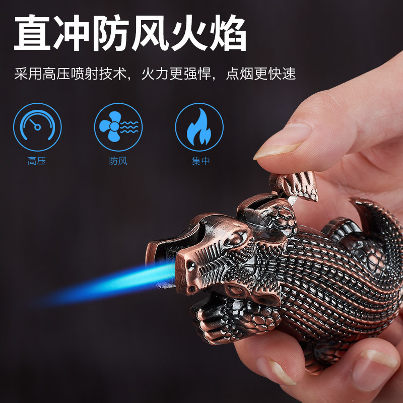 Crocodile style new unique creative personality trend straight blue flame gas lighter Windproof