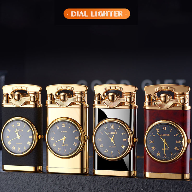 wholesale Custom creative dial rocker arm inflatable lighter metal windproof Blue Flame watch cigarette lighter with gift box