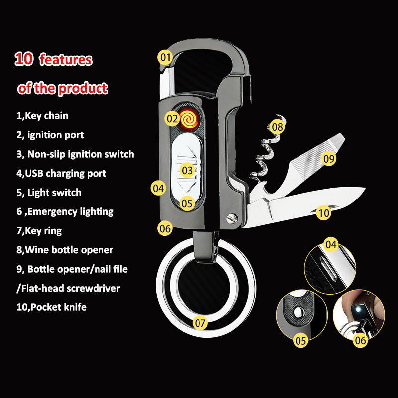 10 IN 1 Multifunction Keychain lighter wine bottle opener usb lighter rechargeable cigarette electronic with Led Flashlight