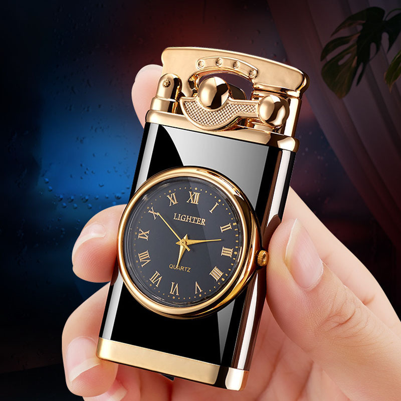 wholesale Custom creative dial rocker arm inflatable lighter metal windproof Blue Flame watch cigarette lighter with gift box