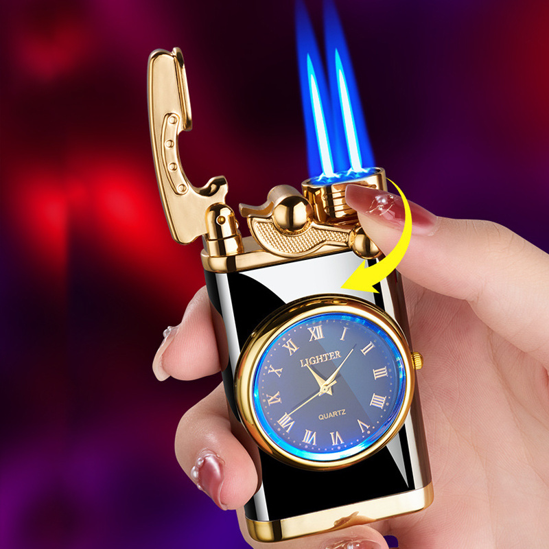 Metal creative rocker arms double fire dazzling light lighter windproof with watch