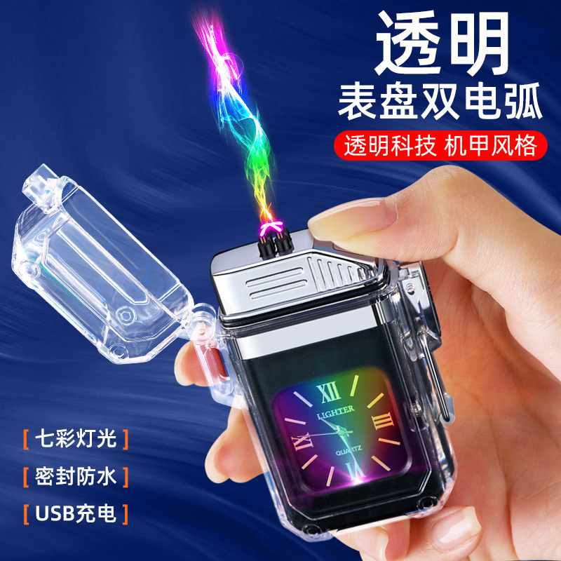 Waterproof cigarette lighter comes with quartz watch clock lighter pulse double arc electric lighter usb rechargeable