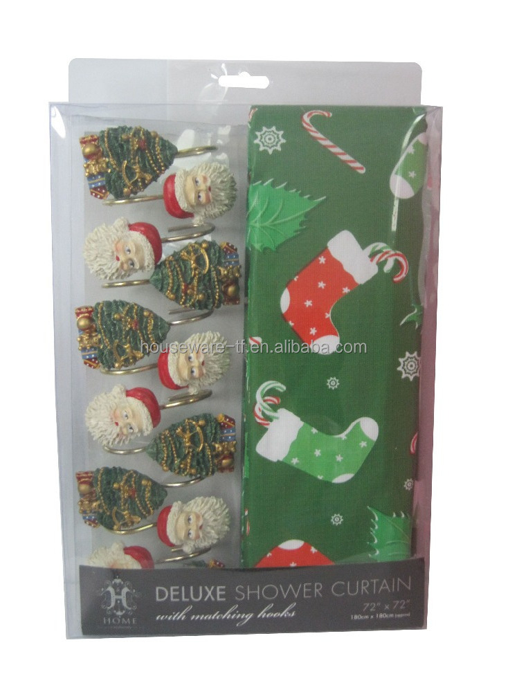 Christmas Style PEVA Shower Curtain with Resin Hooks Set of 13