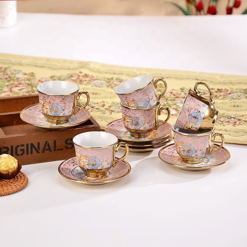 High quality Turkish electroplated ceramic coffee mug European retro arabic coffee set tea cups and saucers gift box set