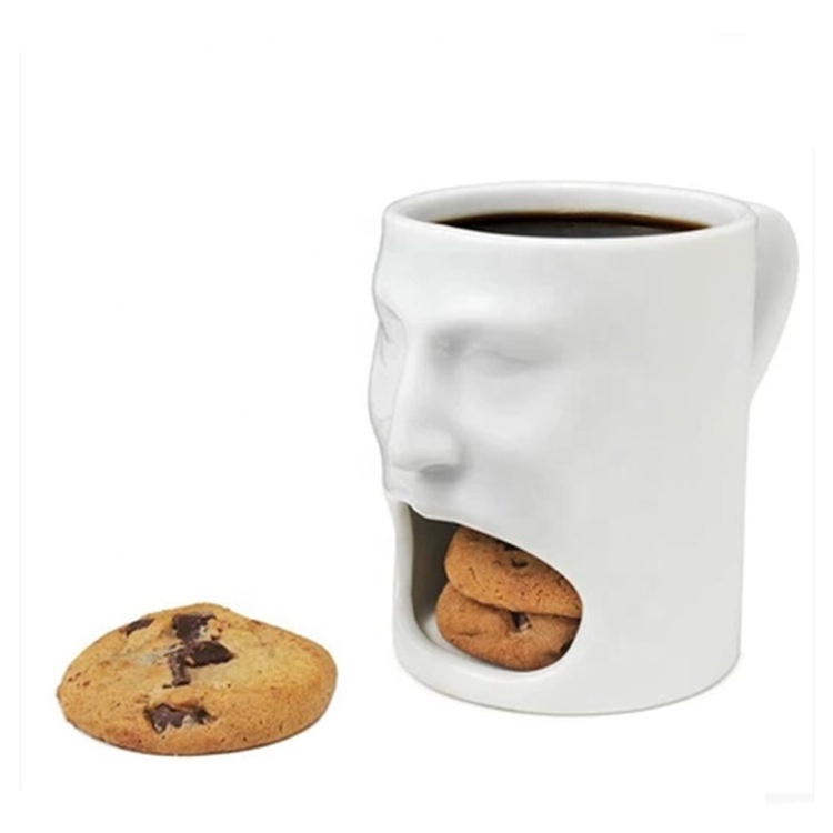 Ceramic Coffee Cup Face Mug Cookie Holder Mugs Cute White Ceramic Coffee Mug with Biscuit Pocket