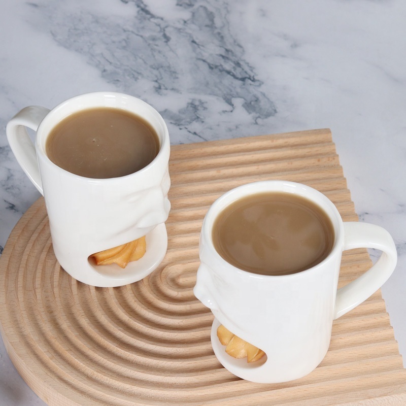 Ceramic Coffee Cup Face Mug Cookie Holder Mugs Cute White Ceramic Coffee Mug with Biscuit Pocket