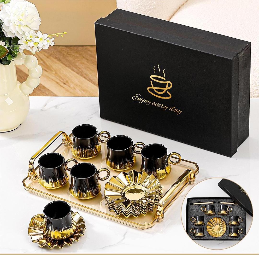 Porcelain espresso cup set design Arabic matcha tea set teapot 6Pcs 90ML espresso Ceramic Reusable Coffee Cups with Saucers Set