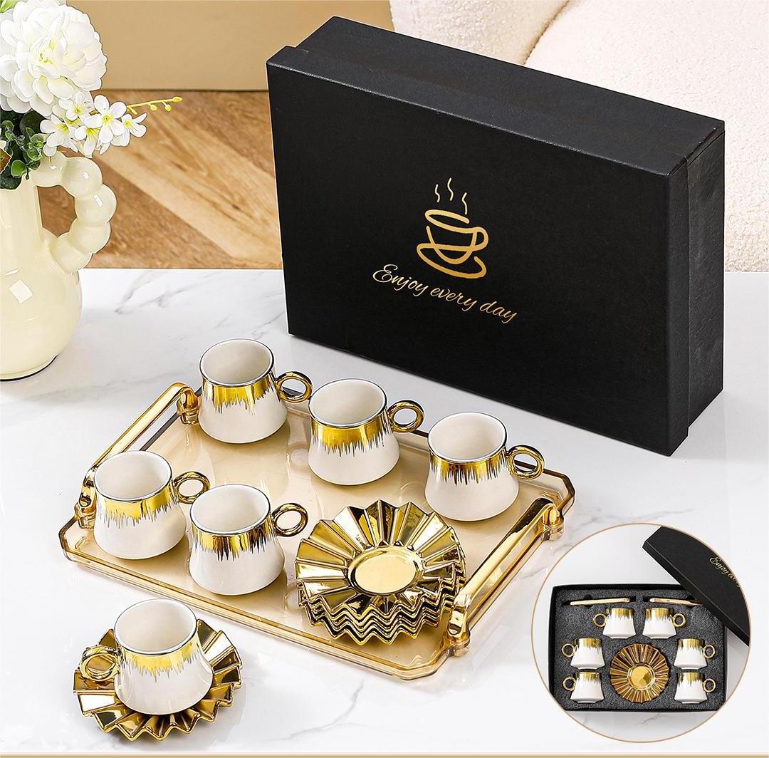 Porcelain espresso cup set design Arabic matcha tea set teapot 6Pcs 90ML espresso Ceramic Reusable Coffee Cups with Saucers Set