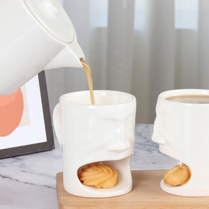 Ceramic Coffee Cup Face Mug Cookie Holder Mugs Cute White Ceramic Coffee Mug with Biscuit Pocket