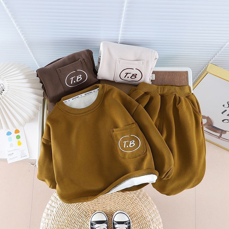 Winter clothes 2023 new boys plus cashmere children's suit autumn and winter baby foreign style children two-piece set