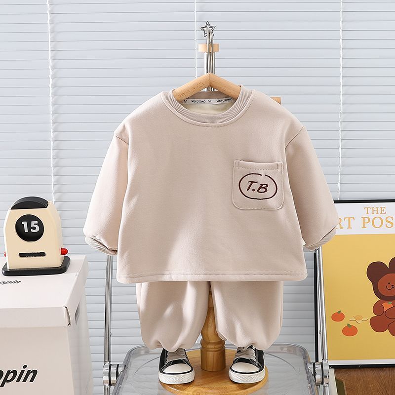 Winter clothes 2023 new boys plus cashmere children's suit autumn and winter baby foreign style children two-piece set