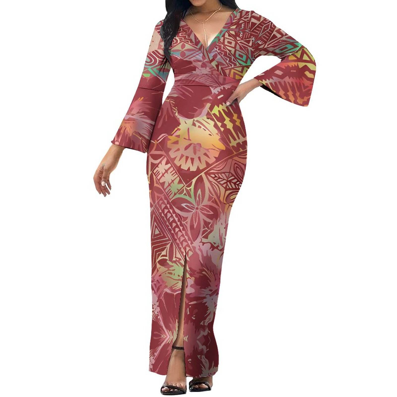 New Wholesale Custom Polynesian Tonga Tribal Printed Maxi Dresses Ladies Bell Sleeves Samoan Dresses Big Size Tahitian Clothing