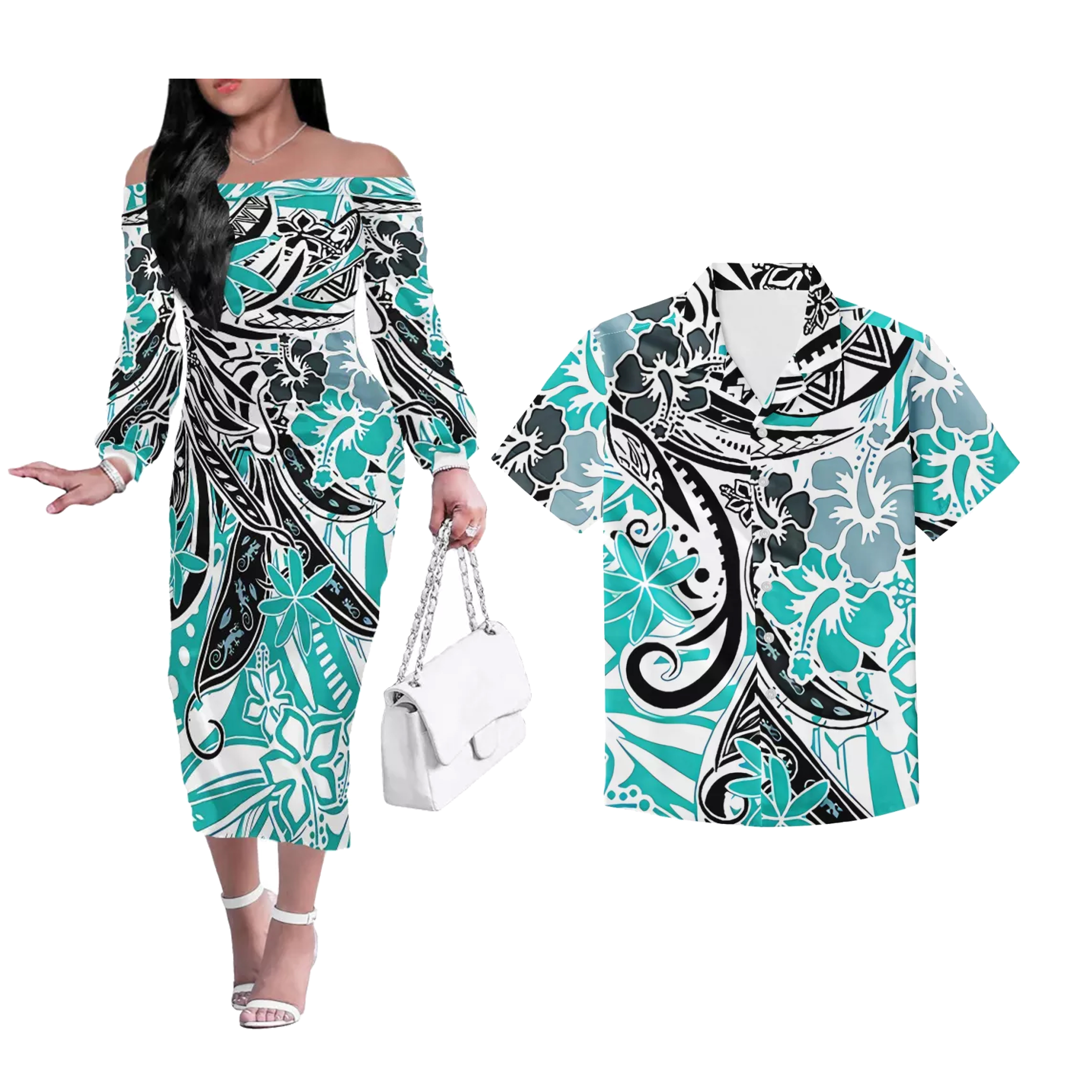 Turquoise Hibiscus Print Lovers Clothing Custom Polynesian Tribal Design His-and-Hers Clothes Fashion Dress & Shirts Couples Tee