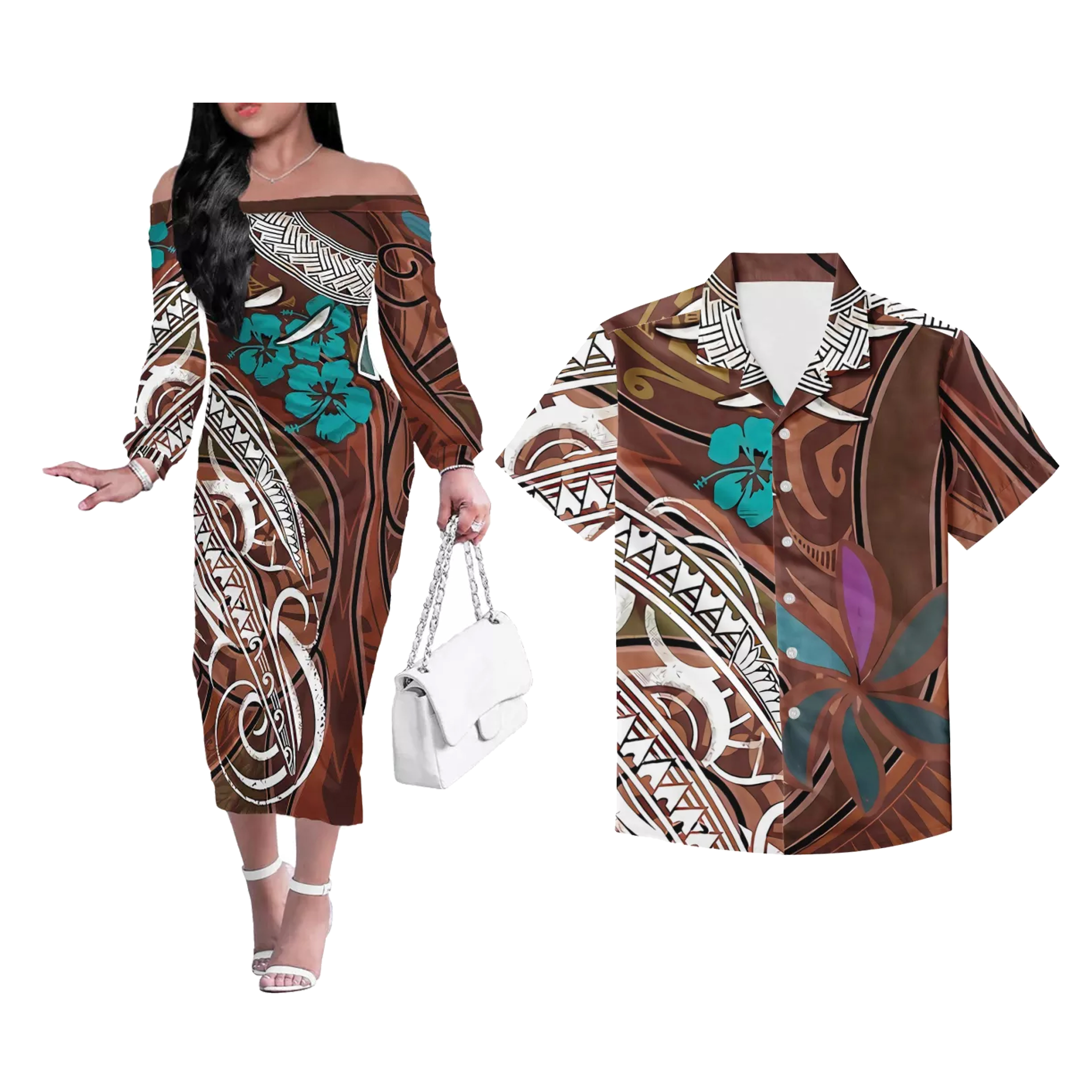 Turquoise Hibiscus Print Lovers Clothing Custom Polynesian Tribal Design His-and-Hers Clothes Fashion Dress & Shirts Couples Tee