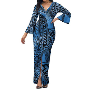 New Wholesale Custom Polynesian Tonga Tribal Printed Maxi Dresses Ladies Bell Sleeves Samoan Dresses Big Size Tahitian Clothing