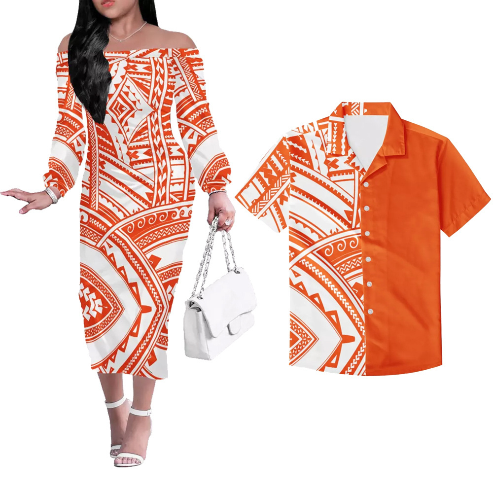 Summer 2-piece couple Polynesian Samoan tribe Design Print Party Couple Clothing Women Off Shoulder Dresses Match Men Shirts