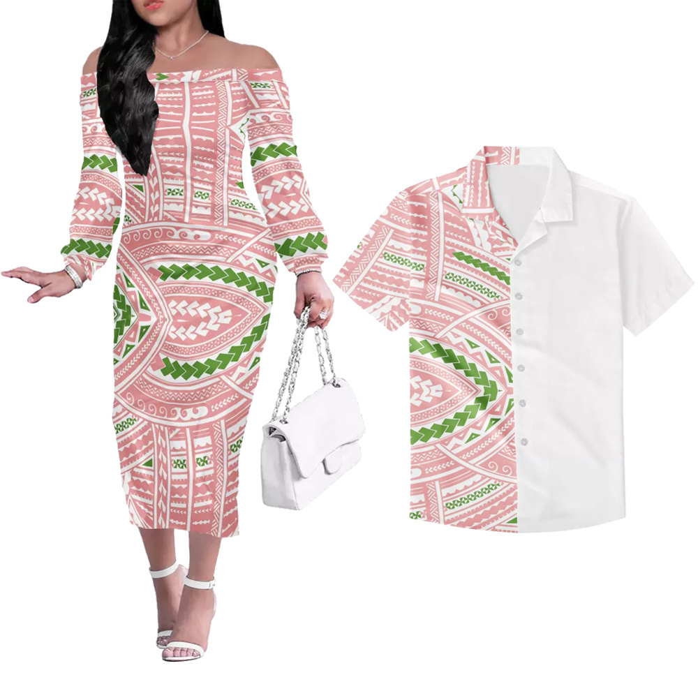 Summer 2-piece couple Polynesian Samoan tribe Design Print Party Couple Clothing Women Off Shoulder Dresses Match Men Shirts