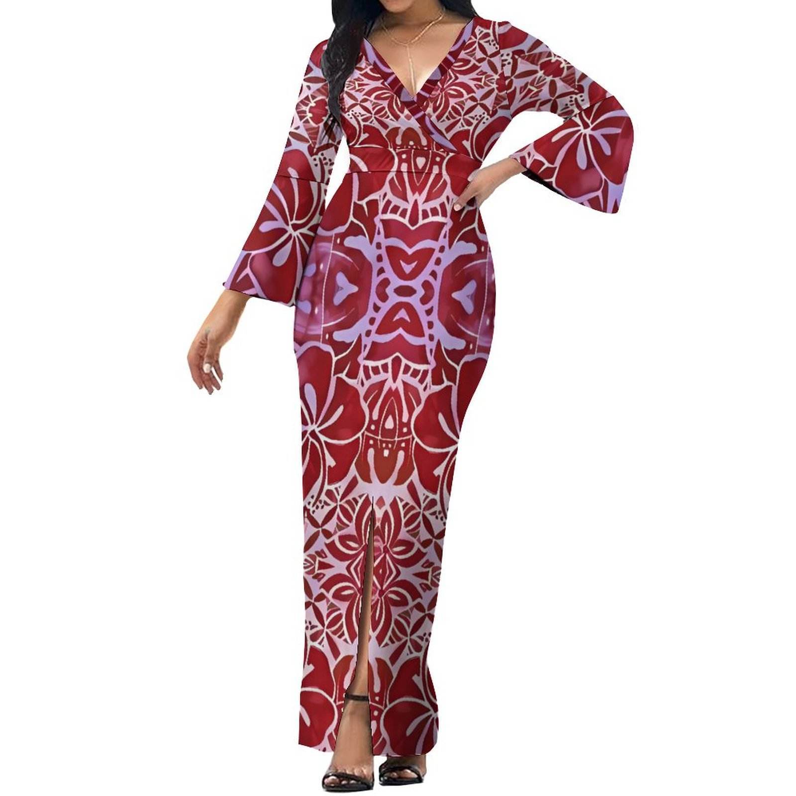 New Wholesale Custom Polynesian Tonga Tribal Printed Maxi Dresses Ladies Bell Sleeves Samoan Dresses Big Size Tahitian Clothing