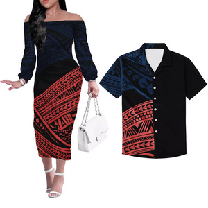 Summer 2-piece couple Polynesian Samoan tribe Design Print Party Couple Clothing Women Off Shoulder Dresses Match Men Shirts