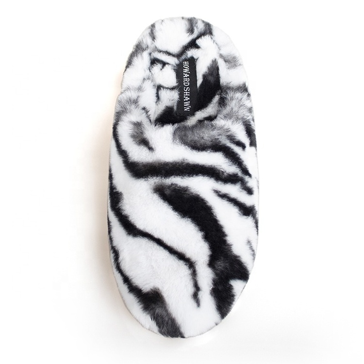 Customized Indoor Slides Slippers Women's Warm Fluffy Zebra-Printed Faux Fur Closed Toe Unisex Casual Platform Mules Cotton