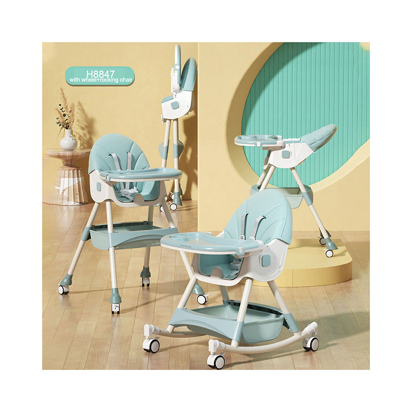 Multi-functional baby dining chair converts into rocker and high chair comes with wheel