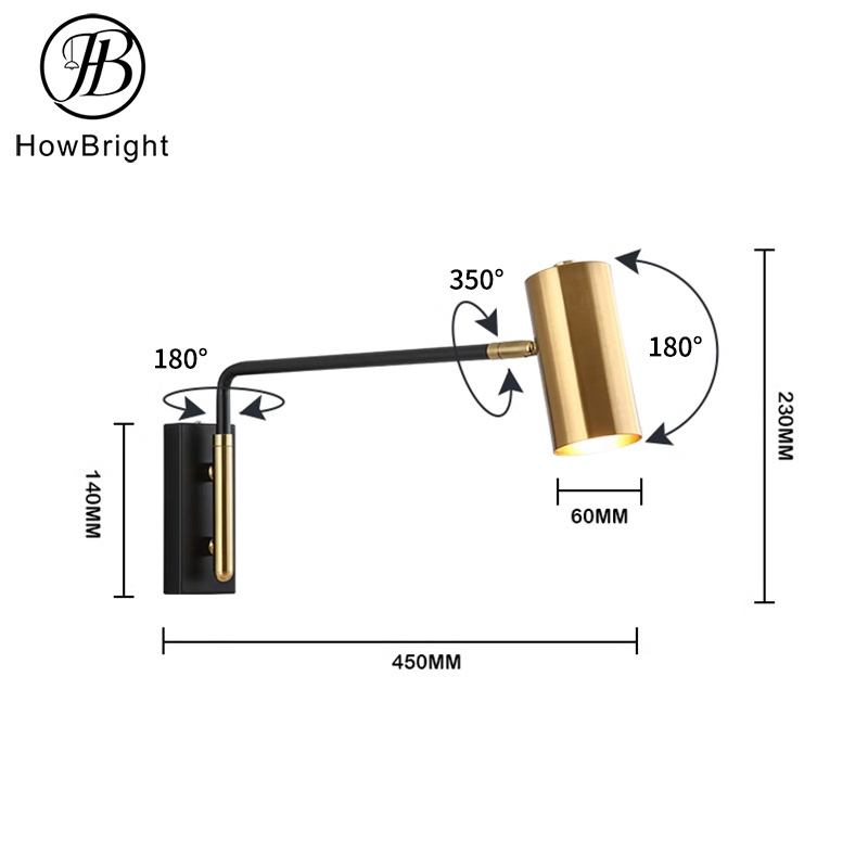 Newest design wall left and right swing arm wall sconce gold and black color aluminum for home bedroom wall lamp