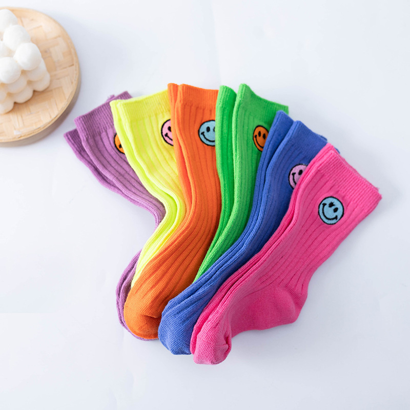 Wholesale Combed Cotton Cute 2-10 Year Baby Socks Crew Smile Children Gift Premium Ribbed Style Toddler Kids Slouch Socks