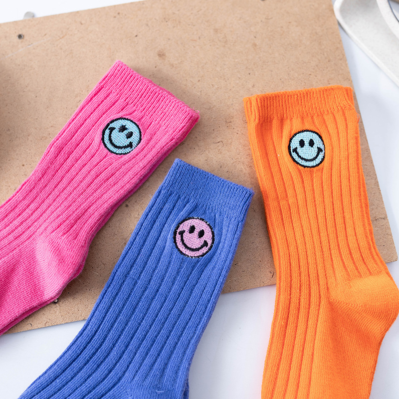 Wholesale Combed Cotton Cute 2-10 Year Baby Socks Crew Smile Children Gift Premium Ribbed Style Toddler Kids Slouch Socks