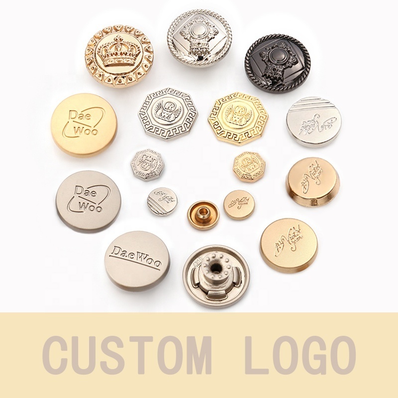 Top quality Custom 18mm 20mm zinc alloy embossed logo brass shank buttons for jeans