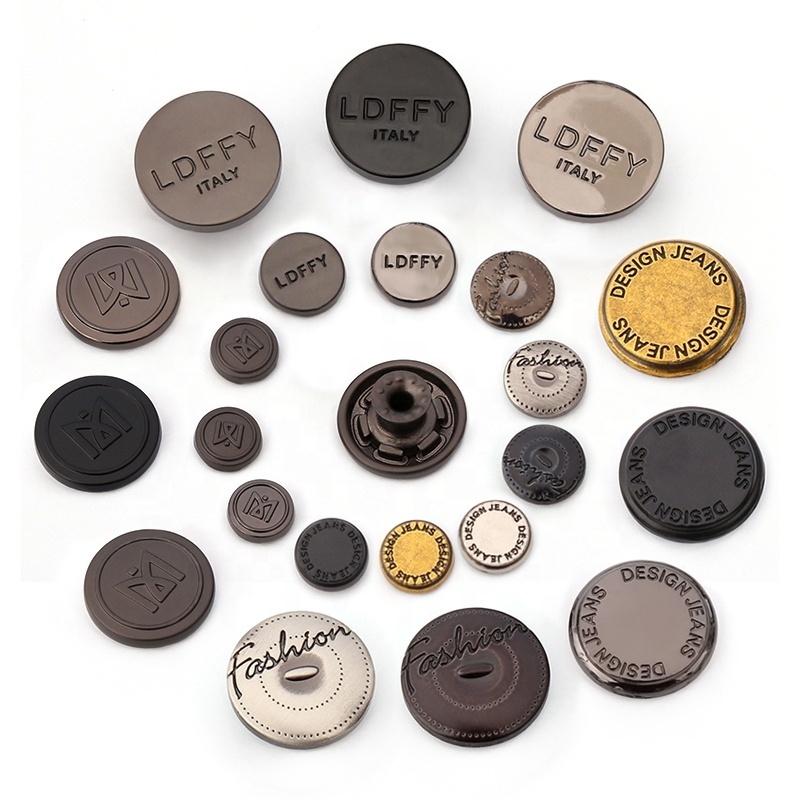 Top quality Custom 18mm 20mm zinc alloy embossed logo brass shank buttons for jeans