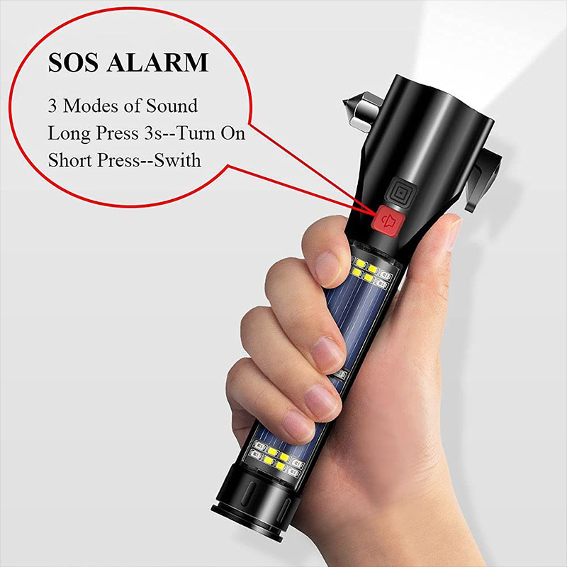 In Stock20000 lumens 16in1 Solar Hammer Flashlight with Power Bank USB Charge IP65 Waterproof Camping Flashlight