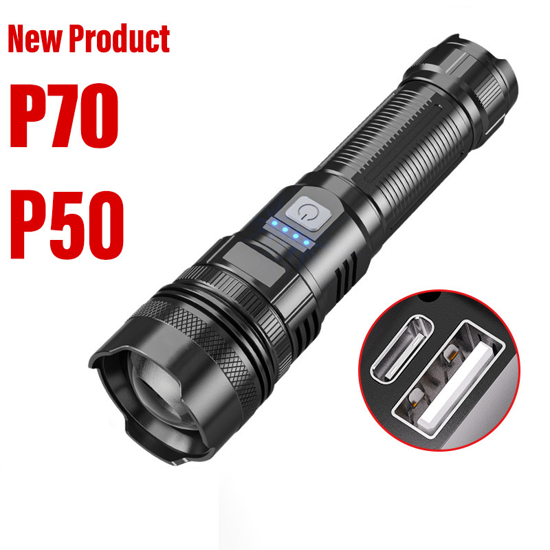 High Lumens Torch USB-C with Power Bank Rechargeable IPX4 Waterproof LED Zoomable Tactical Flashlights