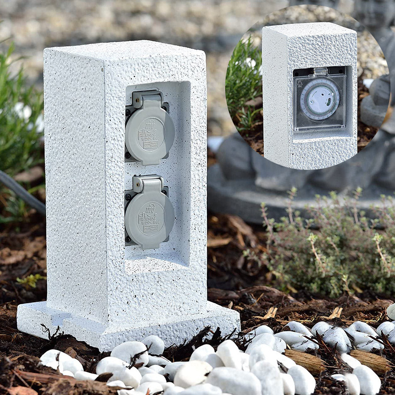 Howlighting Multifunctional Stone Color Socket Outdoor Waterproof Box Garden Socket Column With Timer And Ground Plug