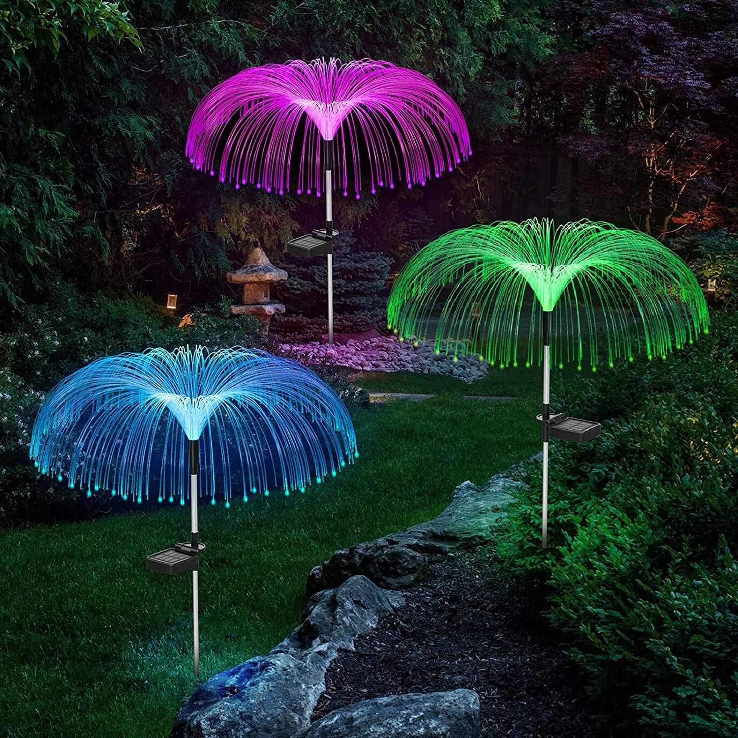 Howlighting 2022 Outdoor Waterproof 7 Color Changing Landscape Lamp Wholesale Solar Led Fiber Optic Jellyfish Garden Lights