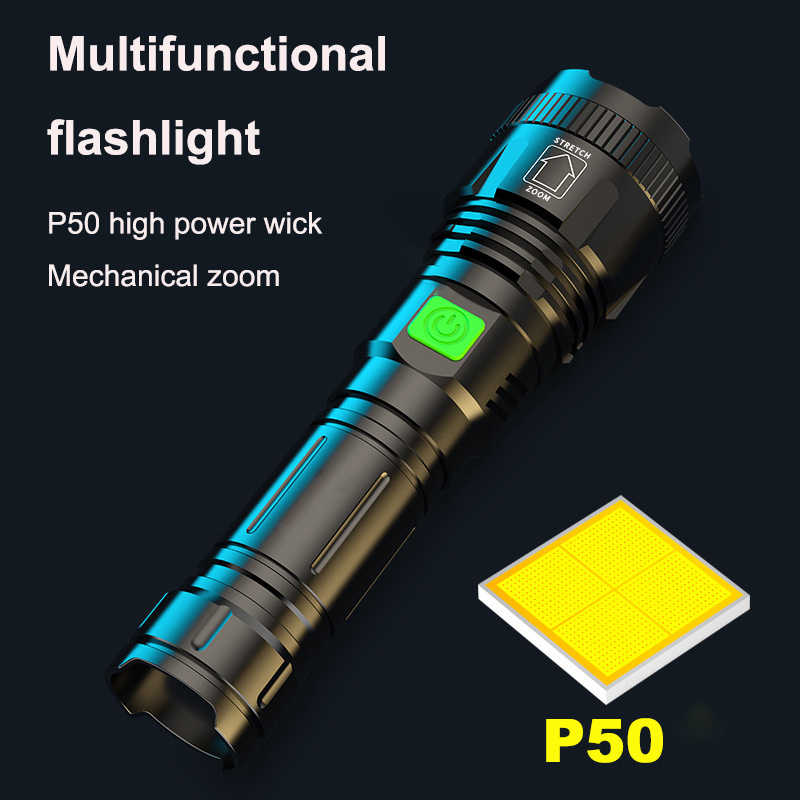 P50 Led Telescopic Zoom Night Fishing Flashlight 1700lm High Lumens Usb Rechargeable High Power Flashlight