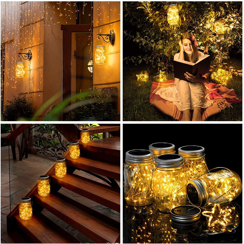 White Mason Jar Light with Lid Solar Power Lamp Outdoor Hanging Lighted Fairy Led Lamp