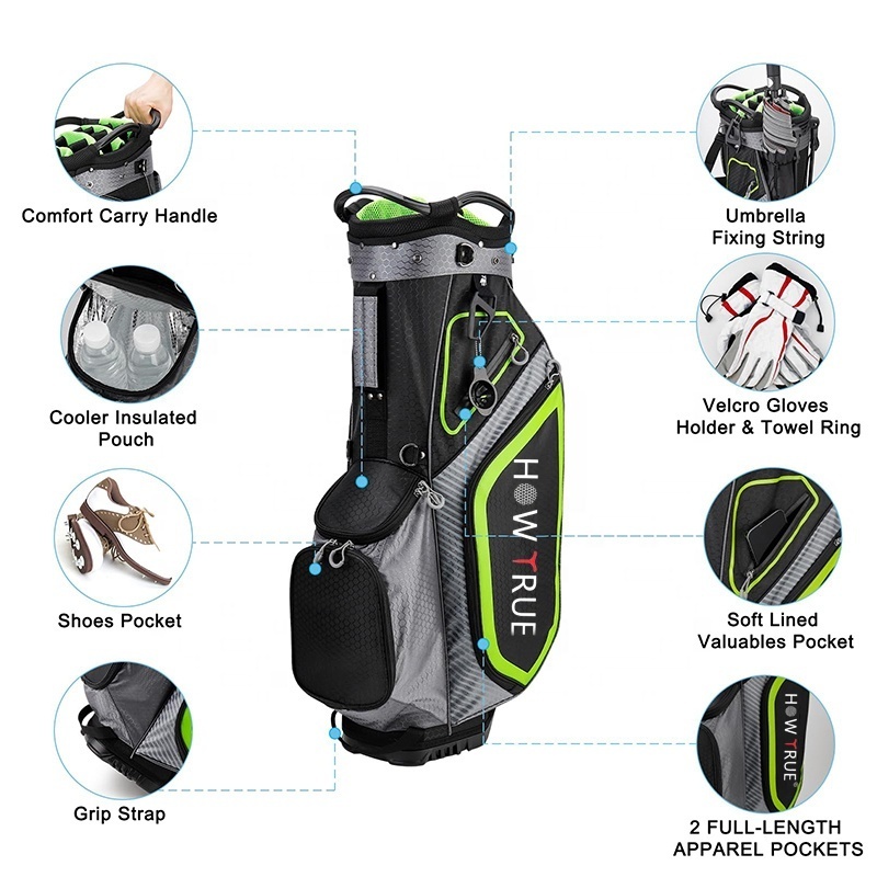 HOW TRUE High Quality Black 14 Way Golf Stand Bag Lightweight And Waterproof Golf Bags With 7 Pockets For Men Women