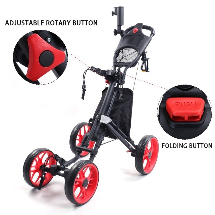 HOW TRUE New Easy To Assemble Golf Push Hand Cart Aluminum Frame 4 Wheel Golf Trolleys With Foot Brake And Umbrella Holder