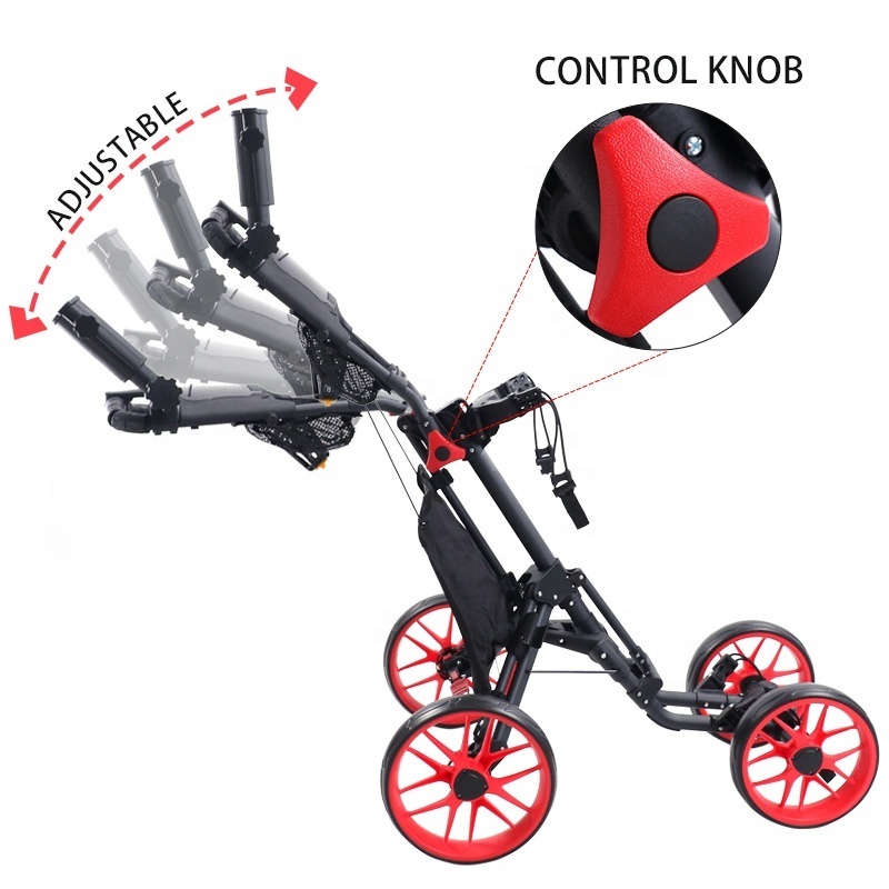 HOW TRUE New Easy To Assemble Golf Push Hand Cart Aluminum Frame 4 Wheel Golf Trolleys With Foot Brake And Umbrella Holder