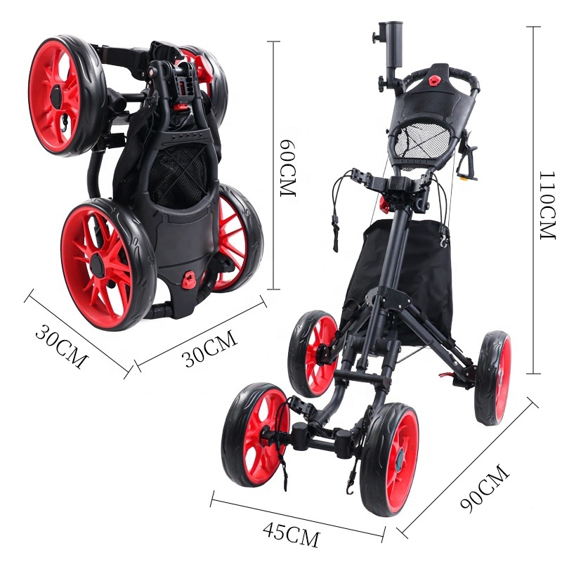 HOW TRUE New Easy To Assemble Golf Push Hand Cart Aluminum Frame 4 Wheel Golf Trolleys With Foot Brake And Umbrella Holder