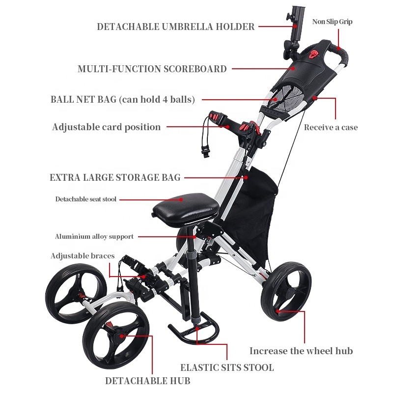 Golf Push Pull Cart With Seat Lightweight Foldable Collapsible 4 Wheels Golf Trolley With Foot Brake Adjustable Umbrella Holder