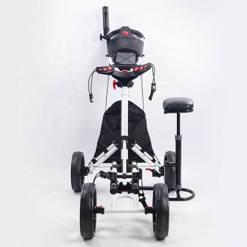 Golf Push Pull Cart With Seat Lightweight Foldable Collapsible 4 Wheels Golf Trolley With Foot Brake Adjustable Umbrella Holder